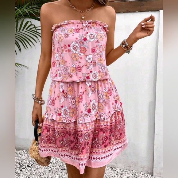 New Pretty Floral Blouson Tube Top Mini Dress Ruffle Pink Red White Tan - Picture 6 of 8